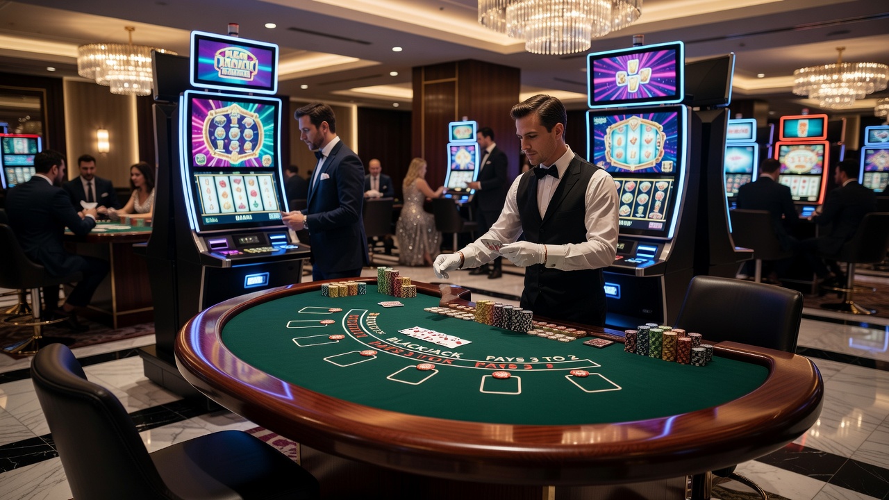 Casino gaming floor featuring rows of slot machines and table games under bright lighting