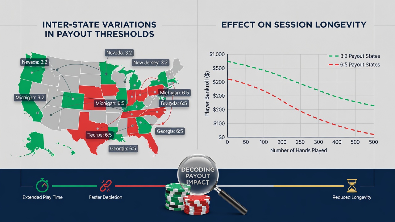 Graph comparing average session durations in blackjack across U.S. states with varying payout rules