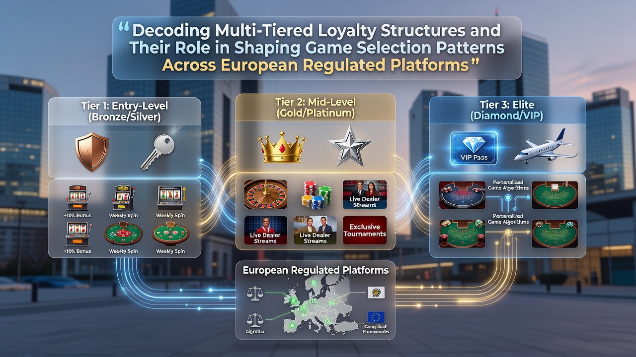 Visualization of multi-tiered loyalty program structures on European gaming platforms showing progression from basic to premium levels