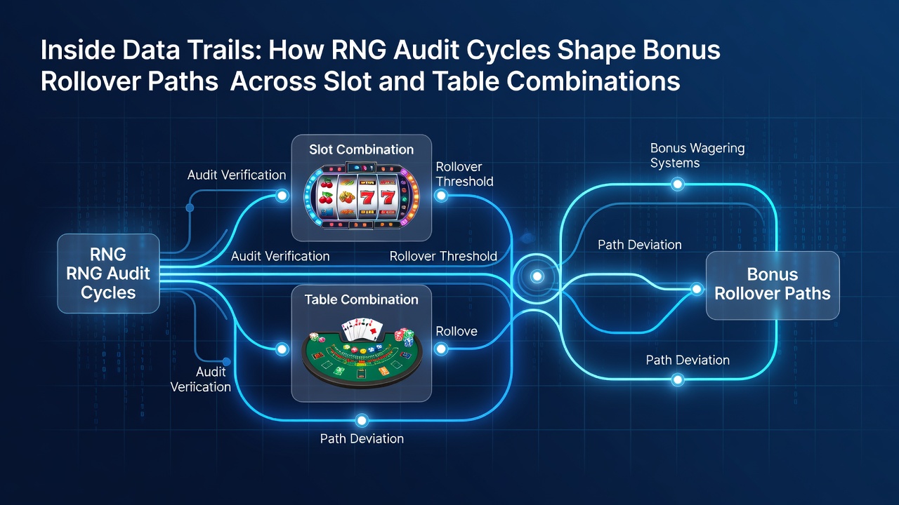 Flow diagram illustrating data trails from RNG audits to bonus rollover calculations in hybrid slot and table sessions