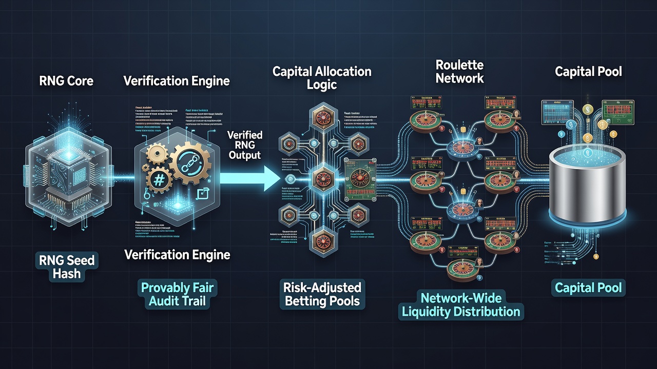 Roulette network interface displaying capital allocation flows tied to verified RNG modules with real-time monitoring charts