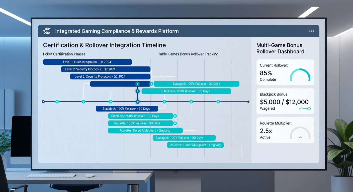 Detailed view of multi-game bonus tracking interfaces linked to certification status indicators