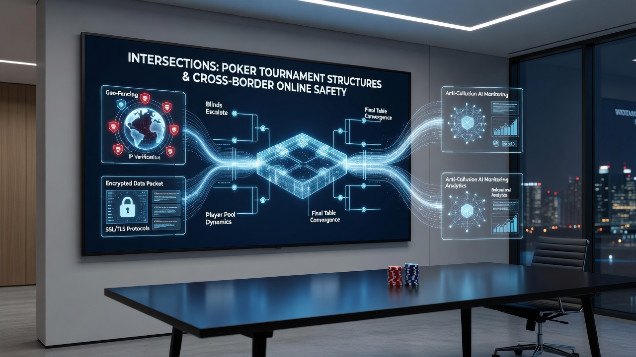 Flowchart illustrating real-time compliance checks embedded within online poker tournament stages across international borders