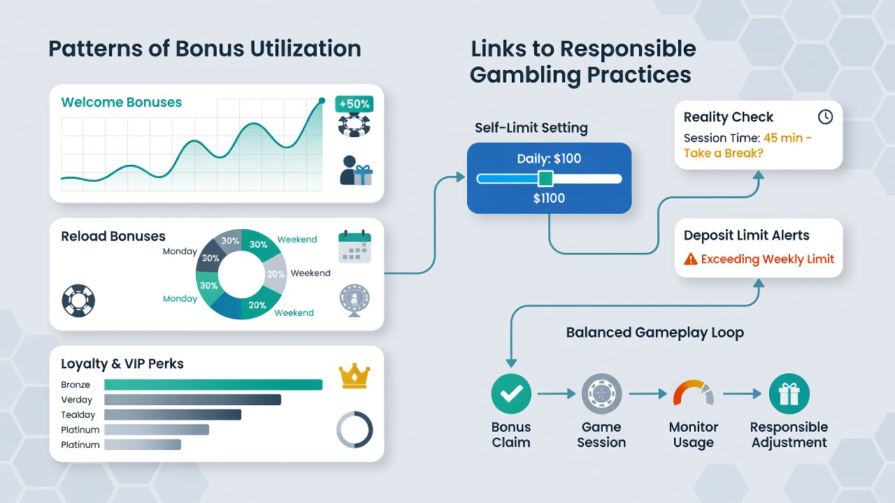 Infographic illustrating responsible gambling feature activation rates before and after bonus claims in digital poker environments