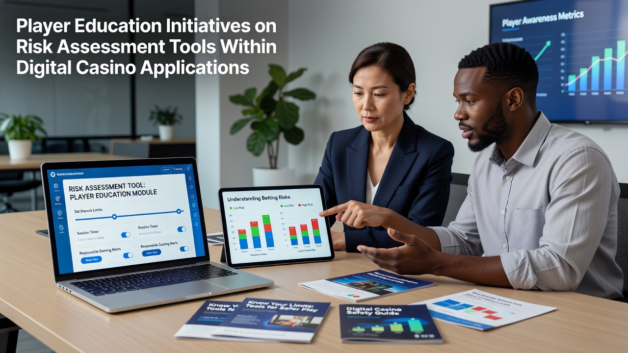 Digital casino application interface showing risk assessment dashboard with player education prompts and self-evaluation tools