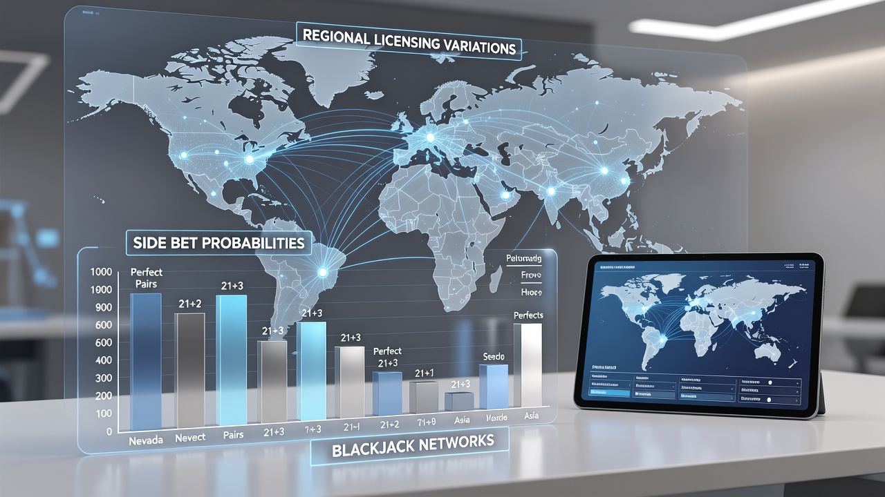 Illustration of networked blackjack systems with overlaid regional licensing constraints on side bet calculations