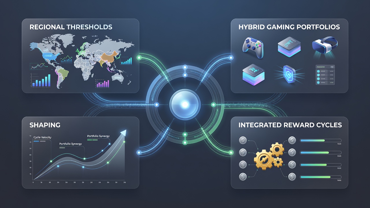 Charts showing reward cycle timelines and cross-regional threshold comparisons for hybrid gaming portfolios