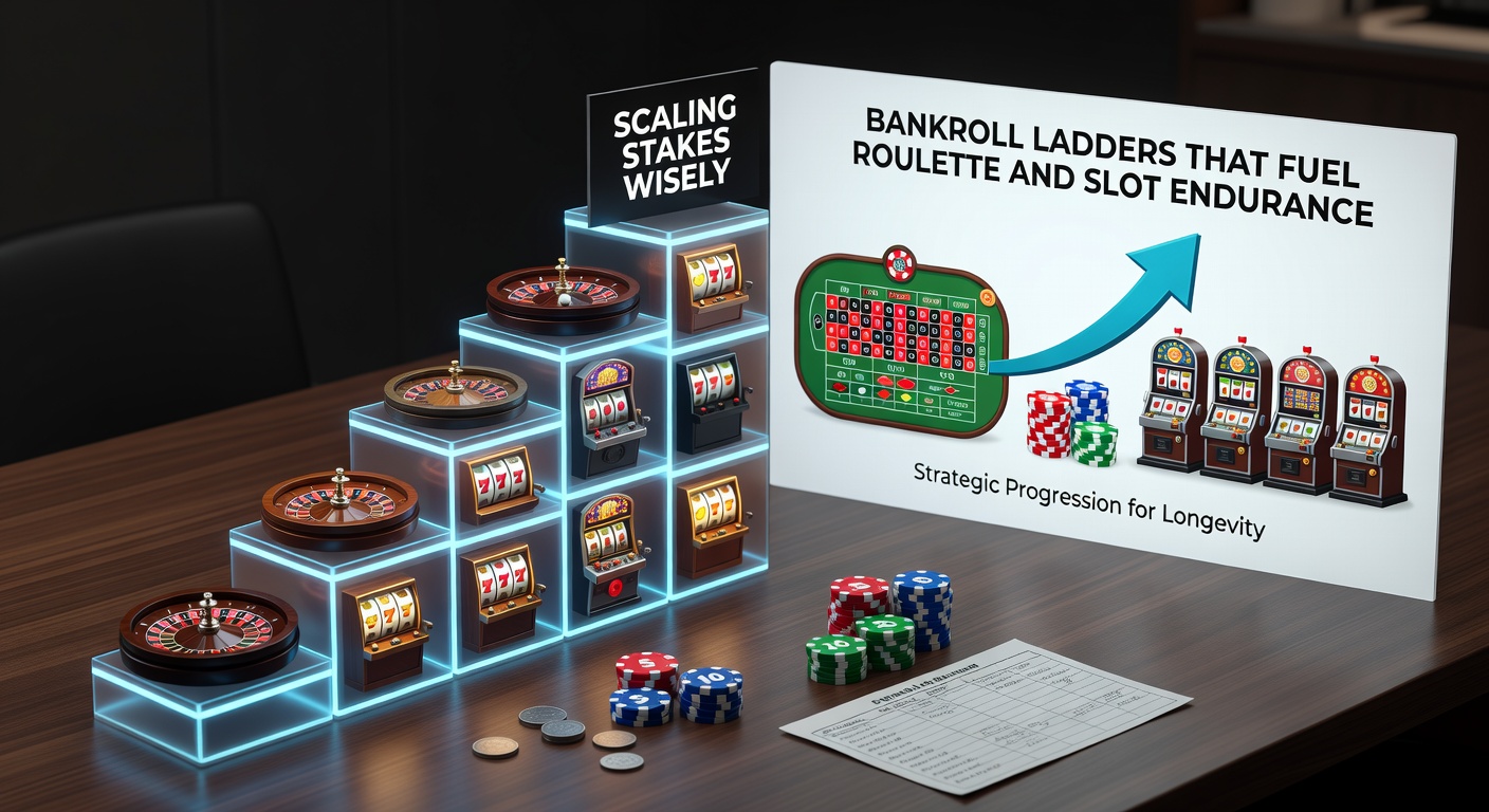 Illustration of a ladder ascending through stacks of casino chips, symbolizing progressive bankroll growth in roulette and slots