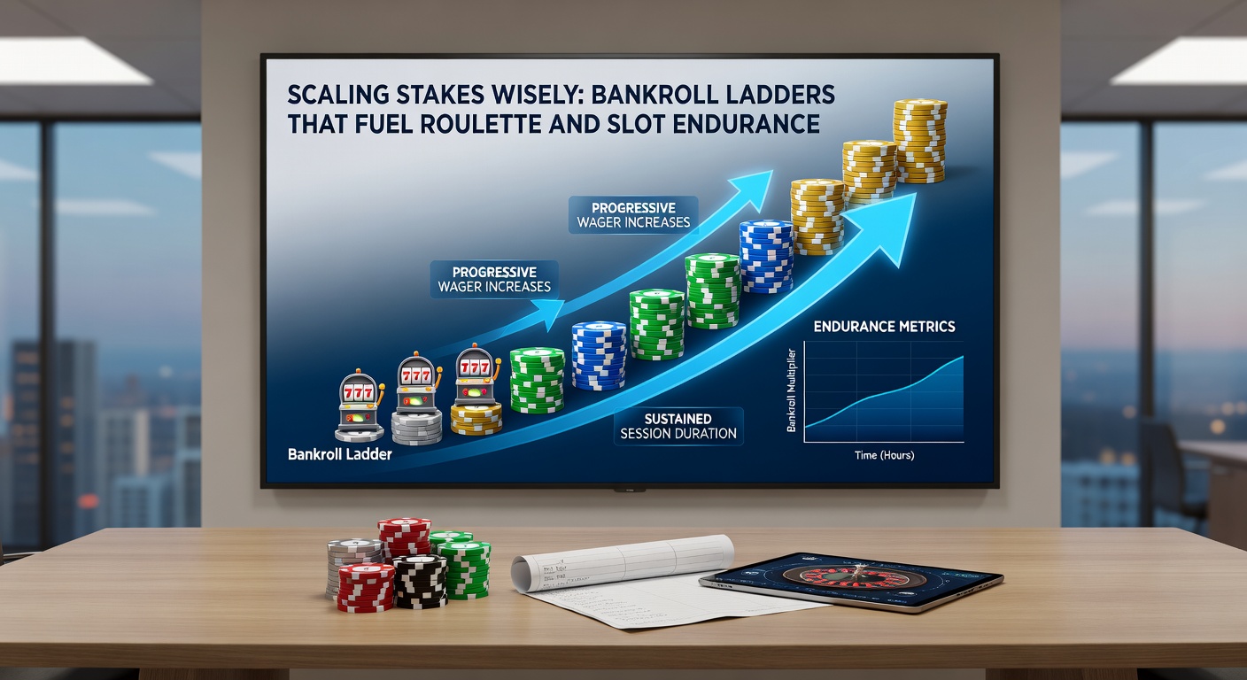 Close-up of slot machine reels aligning with a jackpot, overlaid with a bankroll progression chart demonstrating stake scaling